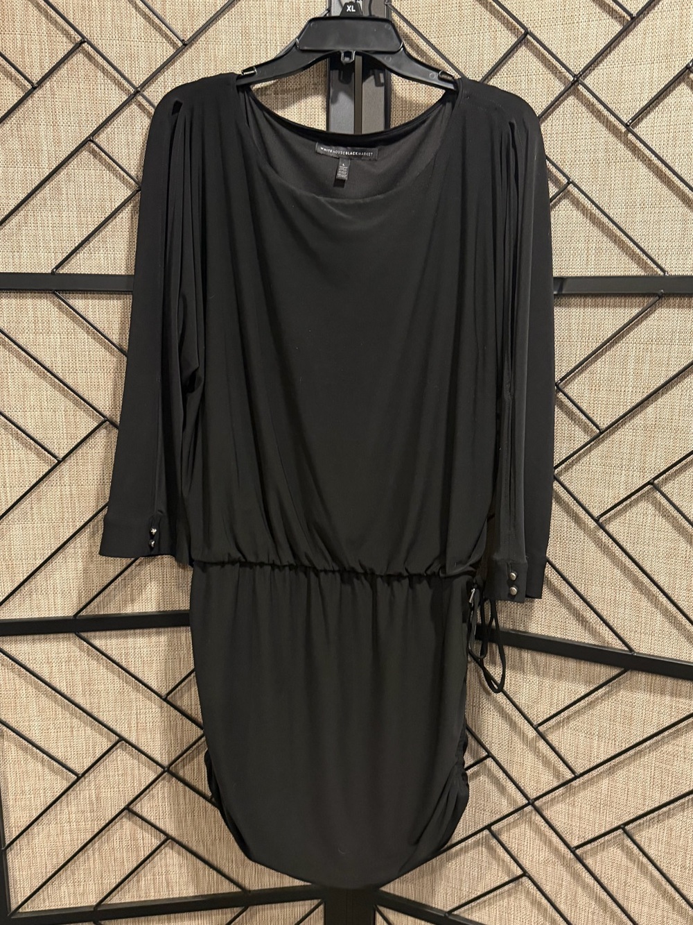 WHBM *LIKE NEW* Black Long-Sleeve Mini Drawstring Dress w/ Cutout Sleeves - L